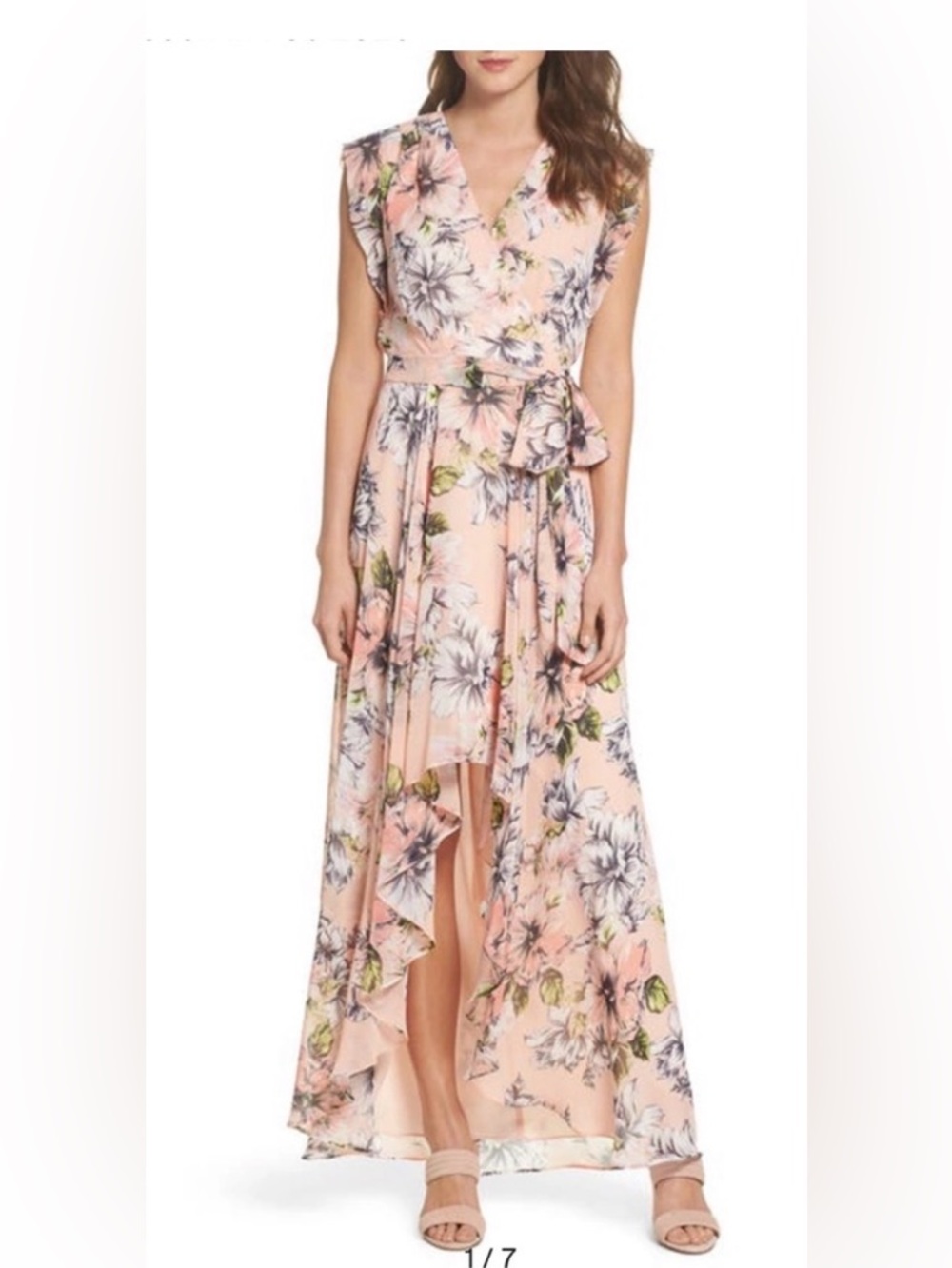 ELIZA J MAXI DRESS - PEACH FLORAL CHIFFON, LINED, BACK ZIP, HIGH LOW HEM  SIZE 6